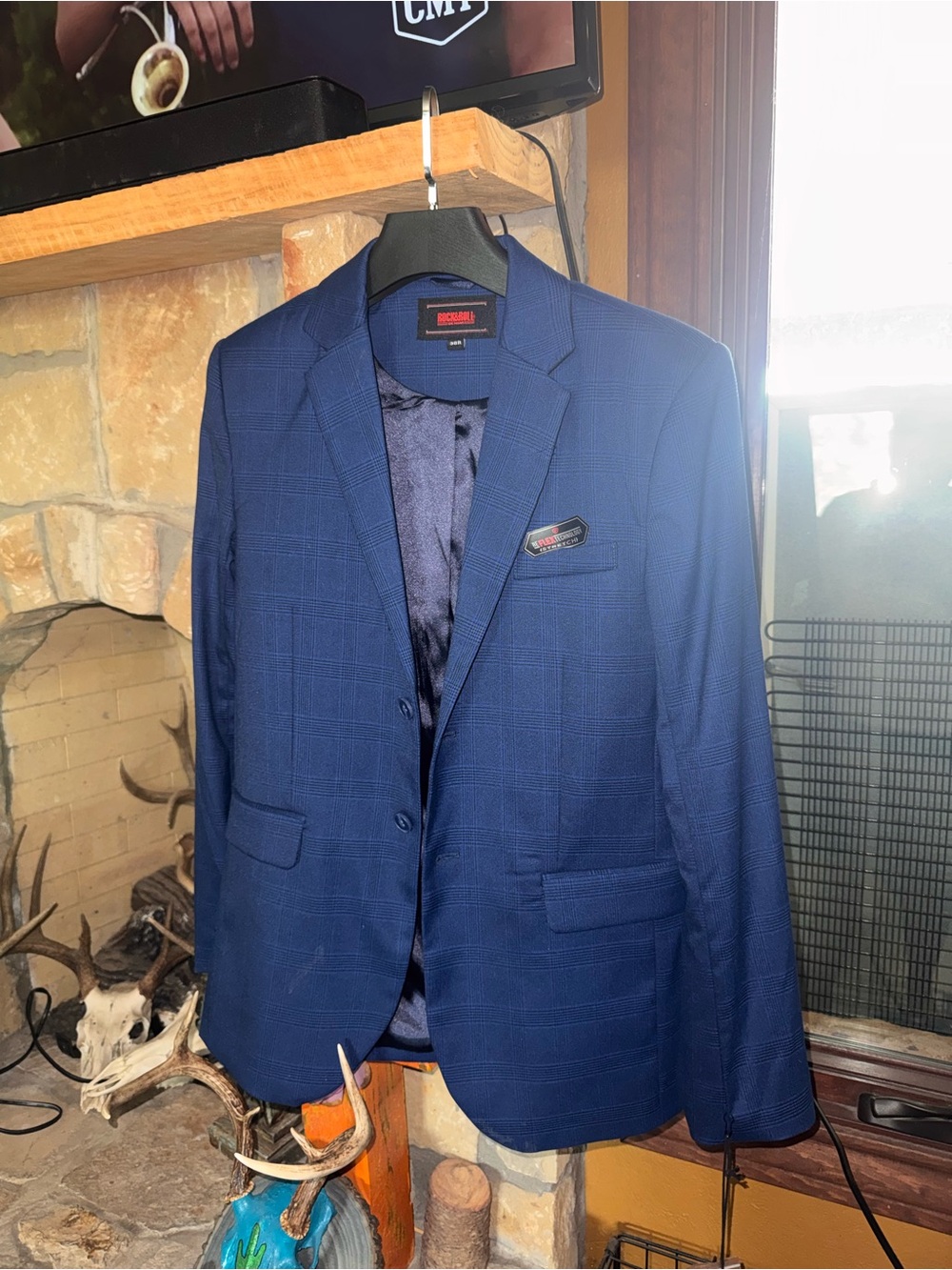 Mens Navy Windowpane Sport Coat by Recafe